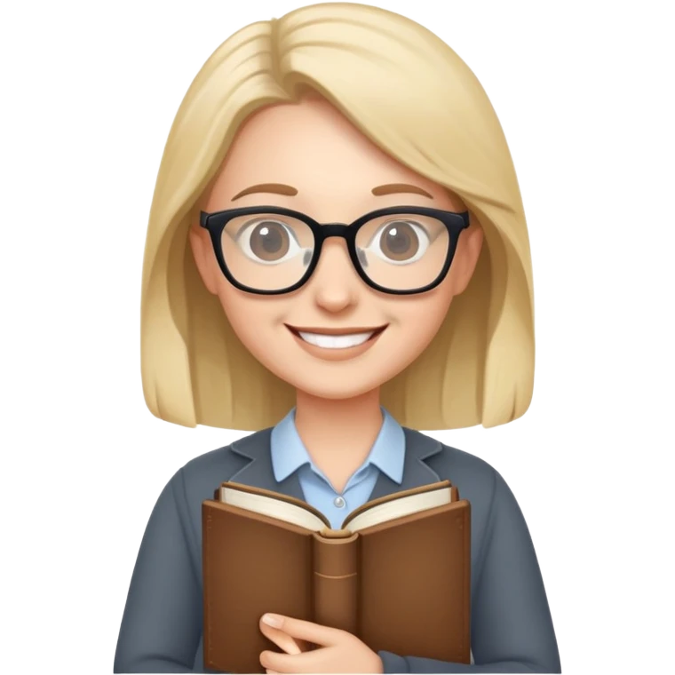 English teacher holding a book, smiling, wearing glasses emoji