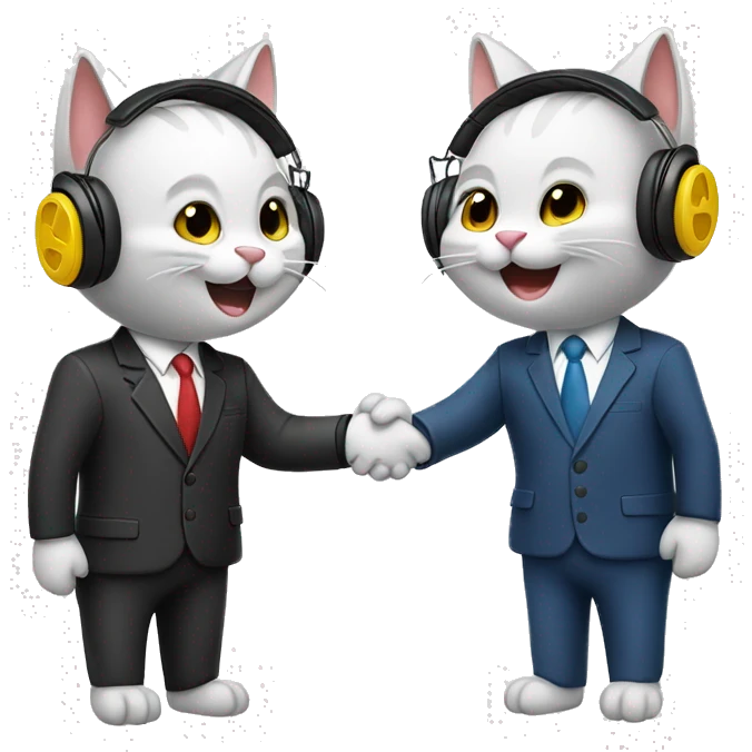 Two different color, happy cats, shaking hands in suits with headphones on.   emoji