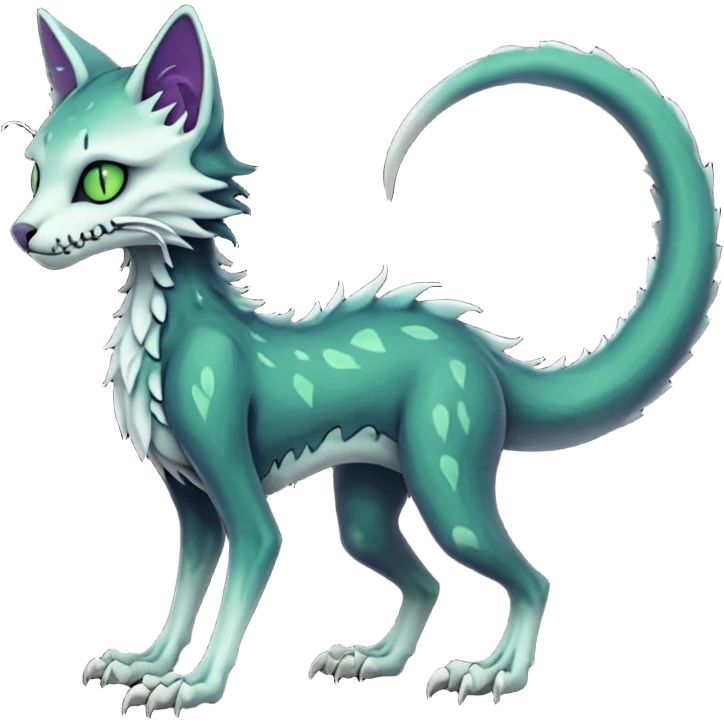 Bloody gory spectral spooky dark bleak blackish swampy white-skeletal gloomy ghostly dark greyish dark-deep-greenish foggy eldritch beautiful realistic edgy fantasy ghoul-like stitched feline-vernid-sergal-fursona animal creature with a tufted tail full body with intricate markings  emoji