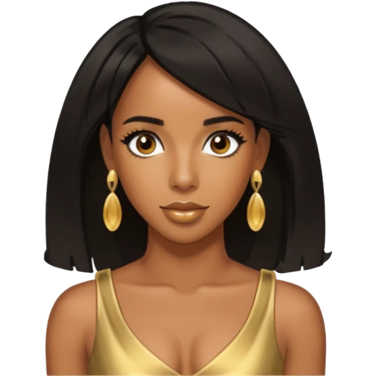 Kelly Rowland brown eyes, black hair, gold dress with earrings emoji