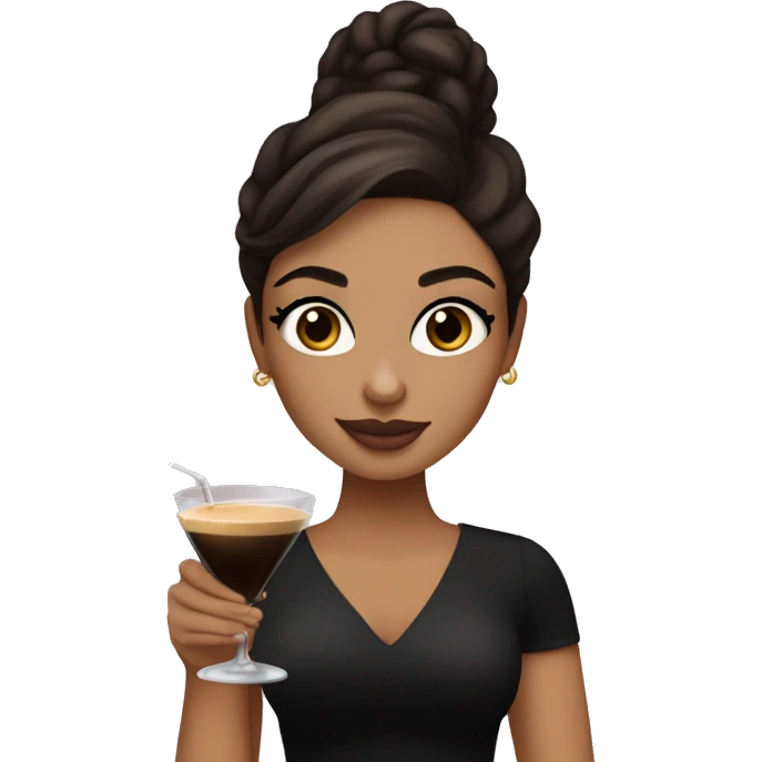 Tan girl with brown eyes and dark brown hair with lashes holding espresso martini. Wearing makeup and black top emoji