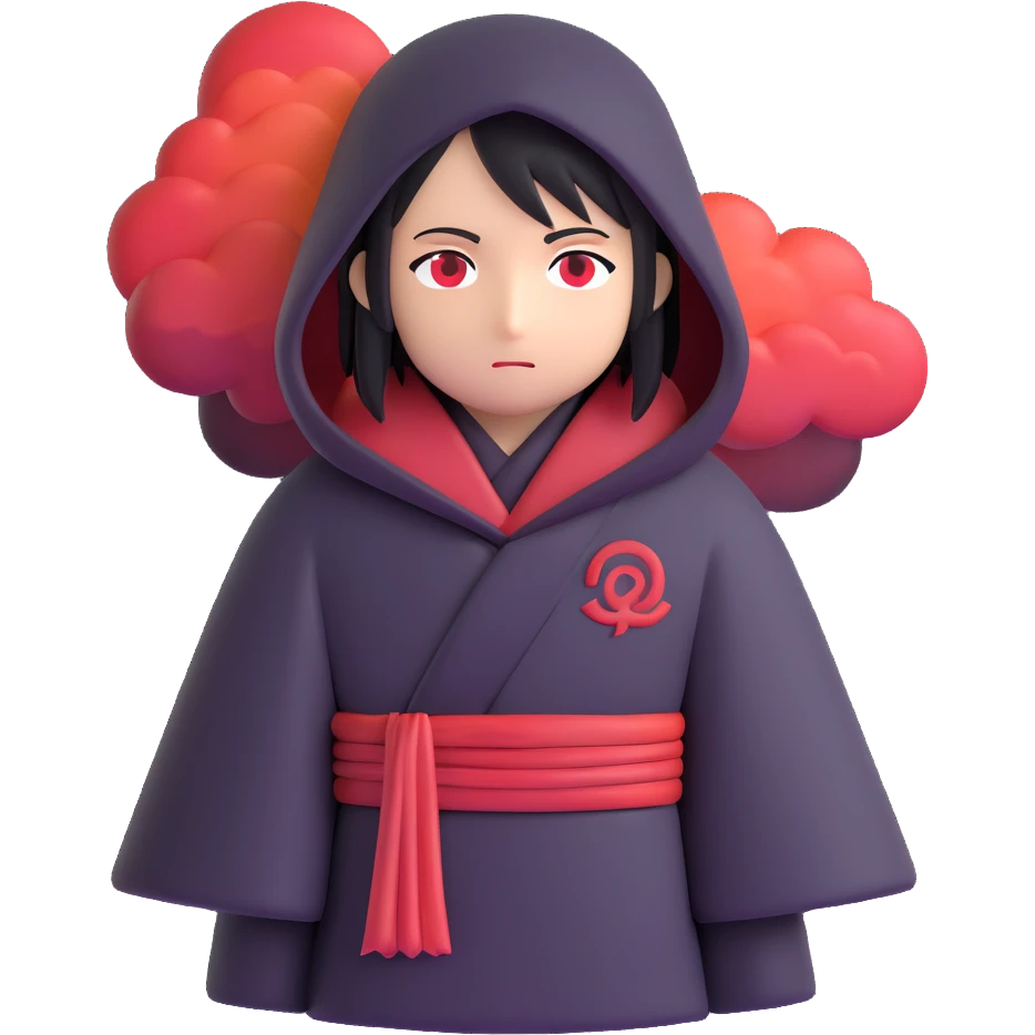 Itachi Uchiha themed emoji with Akatsuki cloak and subtle red cloud motif, modern emoji style emoji