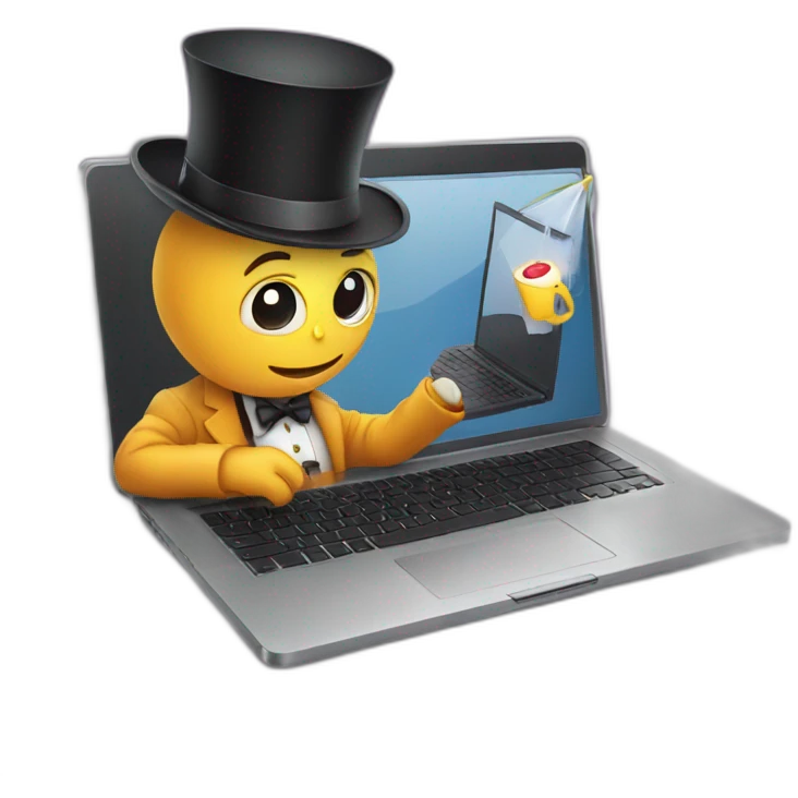 magician programming a laptop with an emoji of a truck on the laptop screen emoji
