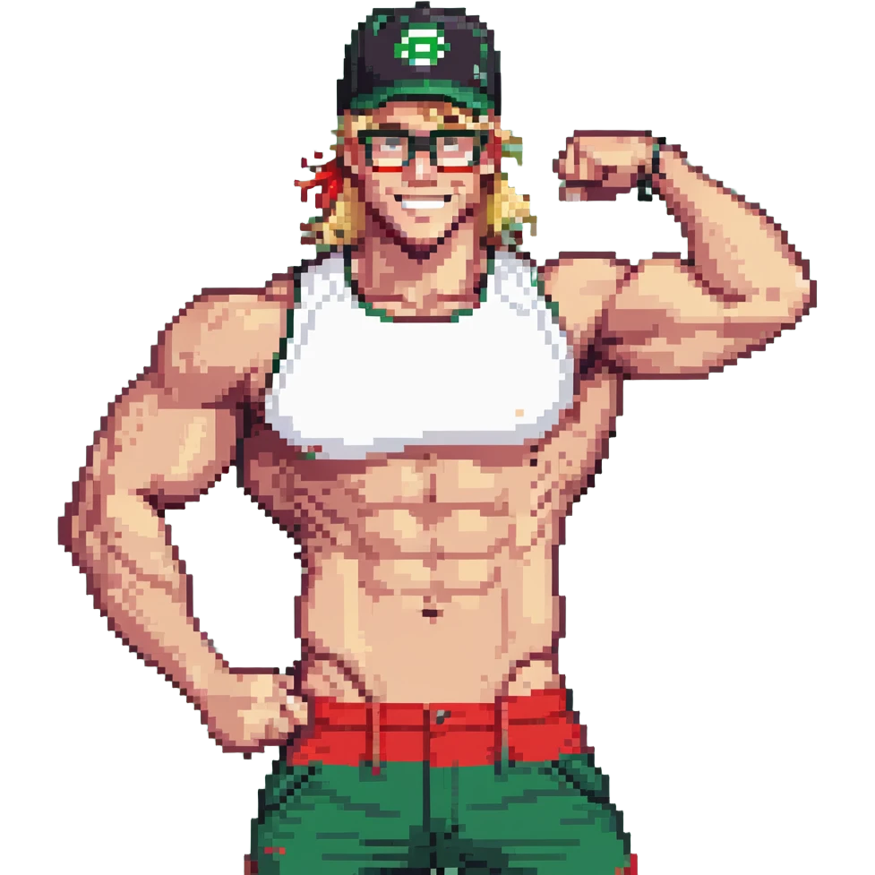 Man with black and white cap that says VANOMAS, bare muscular torso, red shorts, clear glasses, messy blond mullet hairstyle, flexing muscles and smiling emoji