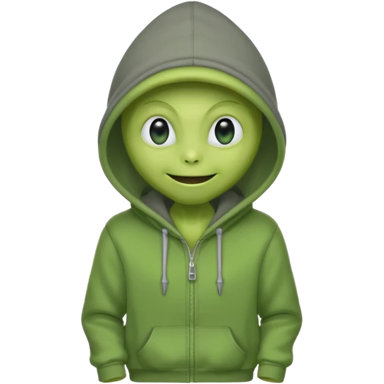 green alien in gray hoodie full height, wear hoodie hat, happy emoji