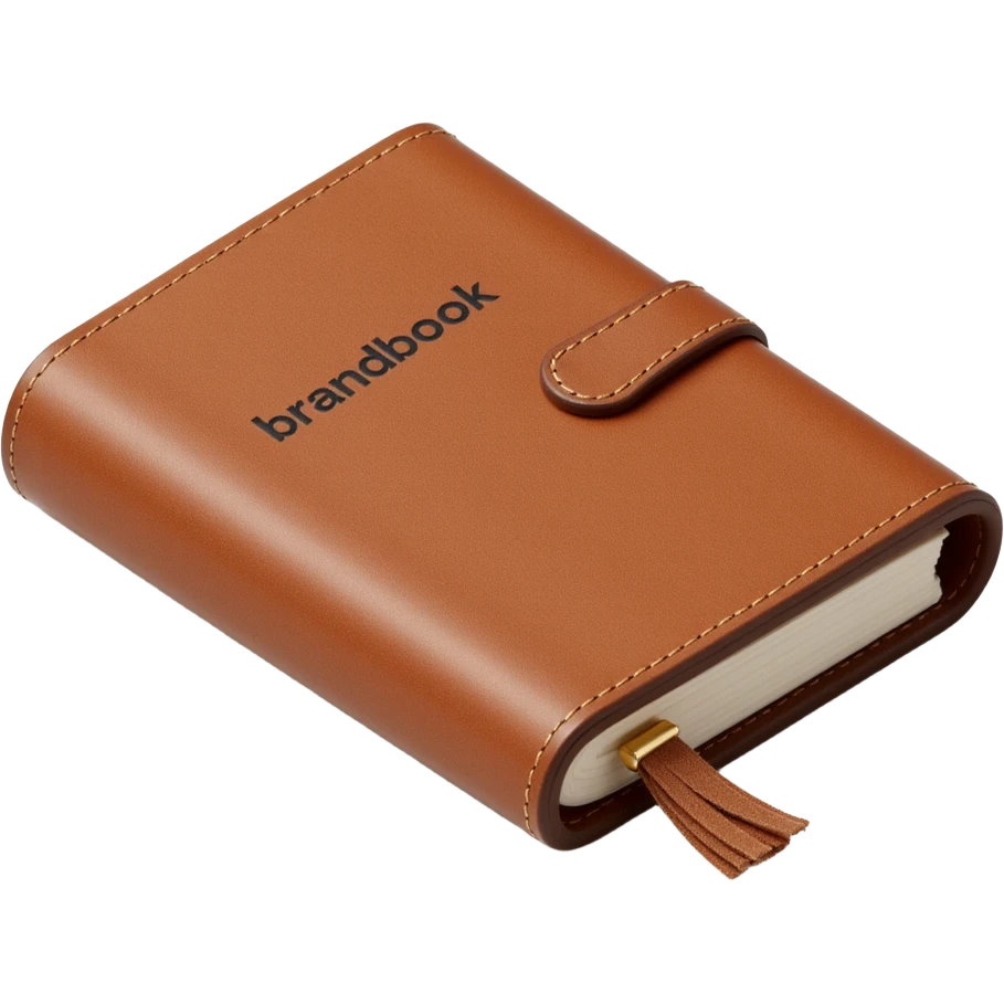 leather-bound notebook with stitching and 'brandbook' in bold written on it, skeuomorphism icon style emoji