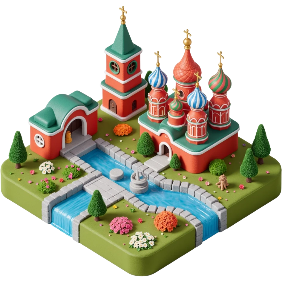Isometric miniature 3D city with iconic landmarks of Moscow, colorful stylized buildings, cartoon realism emoji