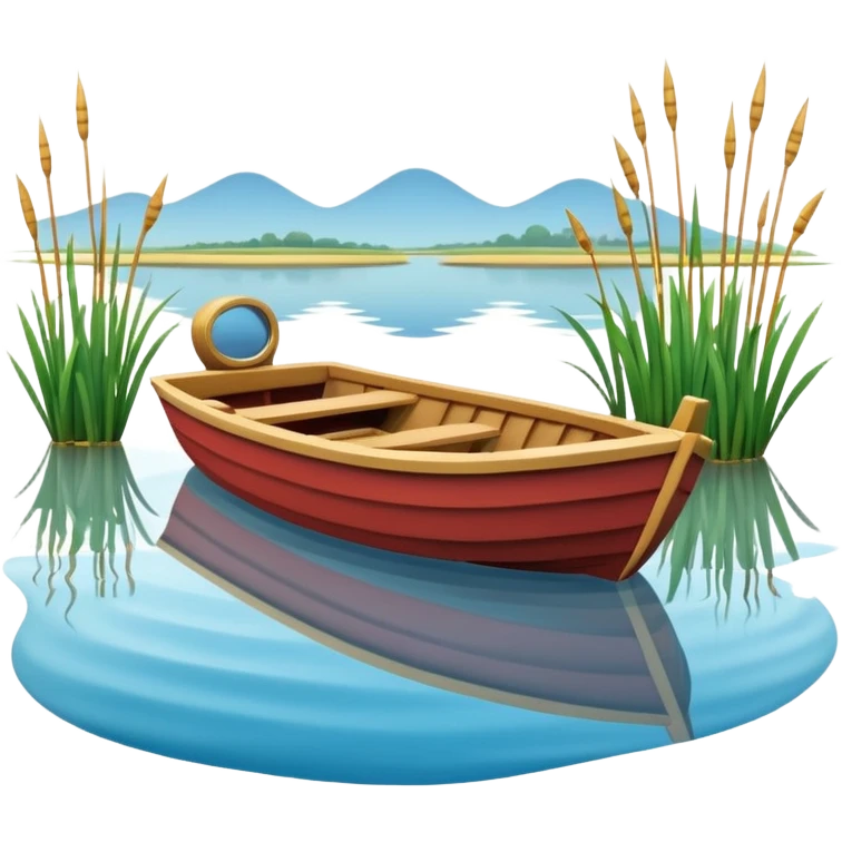 A 3D cartoon small boat floating on estuary water, with nearby reeds and horizon in view, bright lighting, photo frame,Memoji-style. emoji