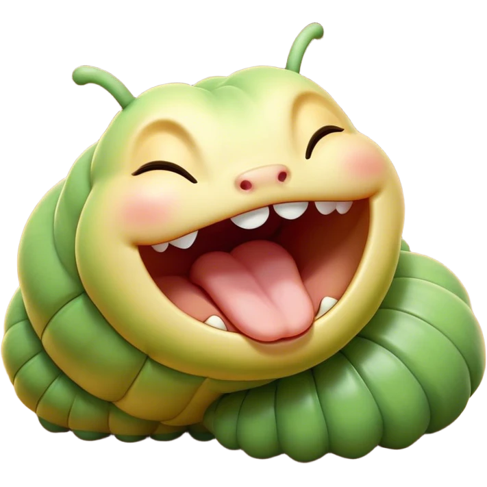 Cinematic Adorable Yawning Caterpillar Portrait Emoji, Head tilted slightly with a dramatic, wide-open yawn, showcasing a plump, segmented body with softly drooping edges and sleepy, half-closed eyes, Simplified yet irresistibly cute features, highly detailed, glowing with a soft, cozy natural glow, high shine, relaxed yet expressive, stylized with a dash of whimsical transformation charm, soft glowing outline, capturing the essence of a drowsy caterpillar that appears ready to stretch and yawn its way out of the screen! emoji
