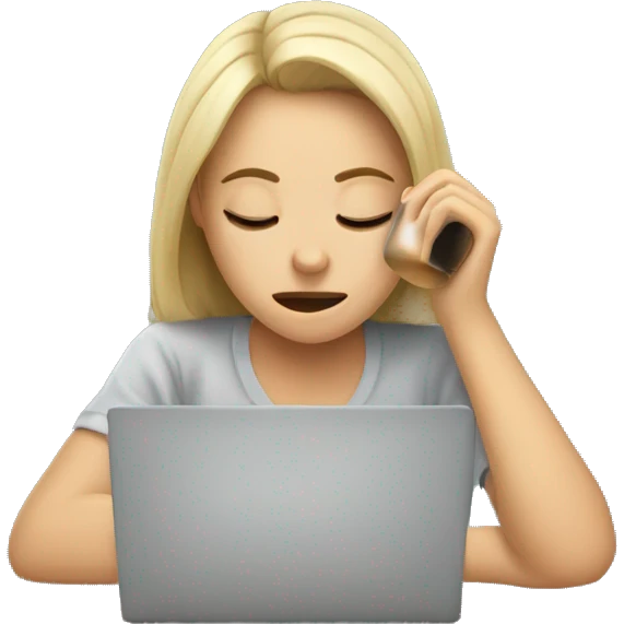 tired girl with laptop drinking a lot of coffee emoji