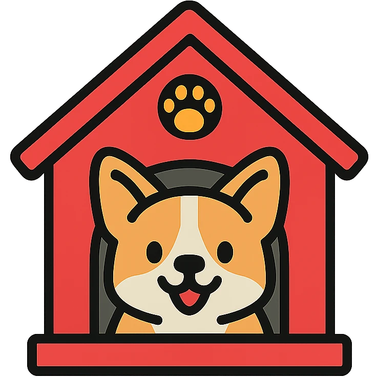 red dog house with a playful and cute Corgi dog inside, clear view of the Corgi, icon style emoji
