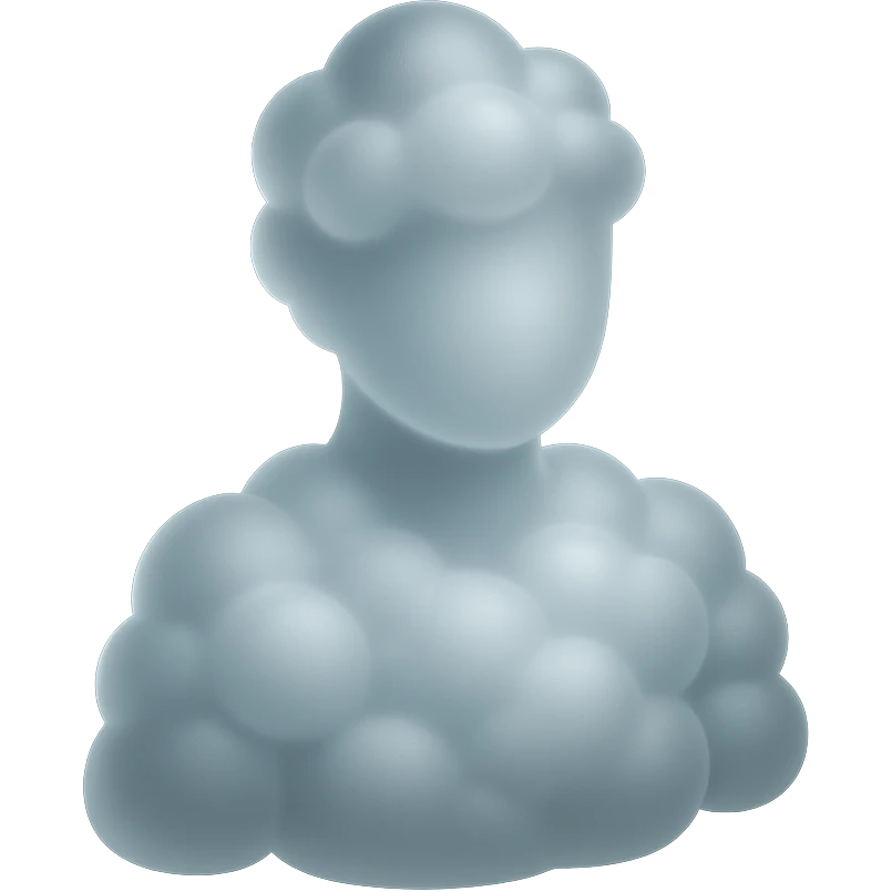 shoulder-up person fully made of white fluffy convex clouds, matte glass style emoji