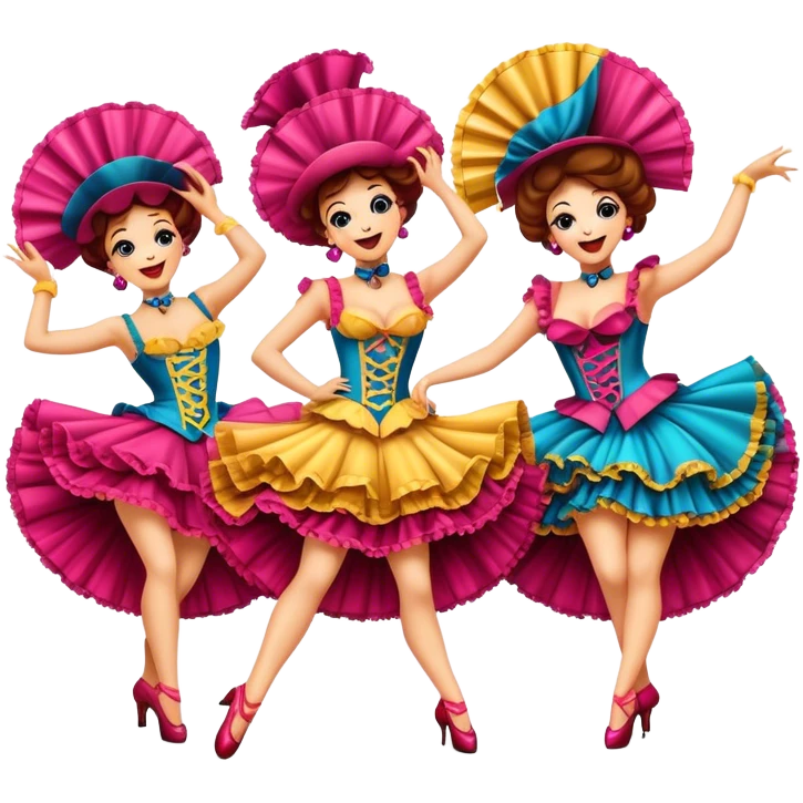 Cinematic Realistic Can-can Dance Emoji, depicted as a lively cabaret dance scene with flouncy costumes and dynamic energetic movement, rendered with vibrant textures and playful theatrical lighting that captures the spirit of French cabaret. emoji