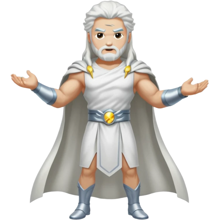 Zeus, whole body, white clothes, long white  hair, lightnings, determined face emoji