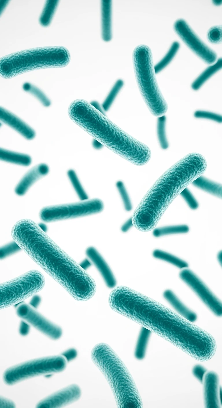 batteri intestinali turchesi fluttuano in aria, sfondo bianco, ma iperrealistica 4k emoji