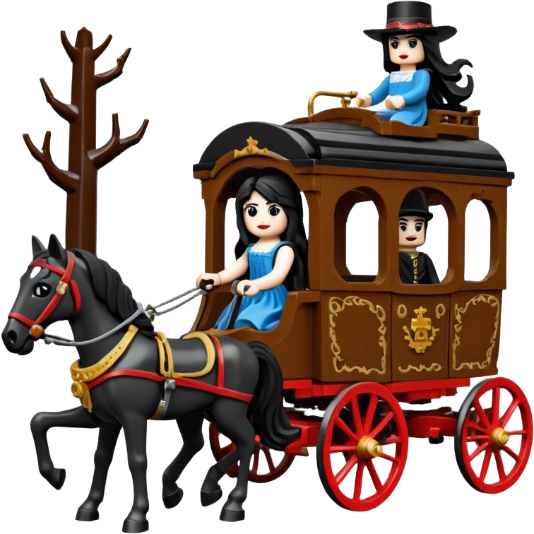  Rustic all black Lego antique wood Barbie Gypsy 1854 pretty dark-haired Catgirl driving a huge horse-drawn fancy French stagecoach Caravan on a bumpy scary ghost trail in the woods  emoji