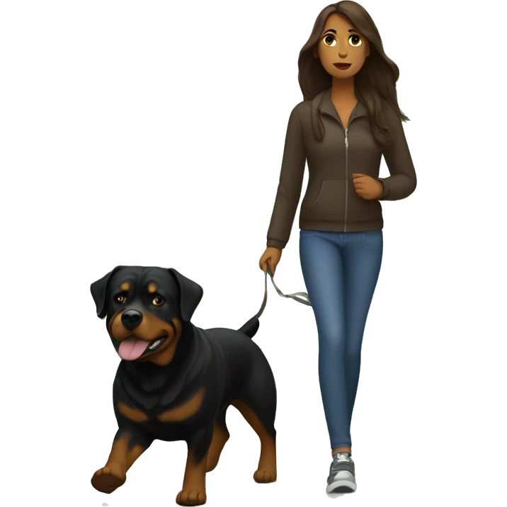 A woman with long brown hair takes a Rottweiler for a walk  emoji