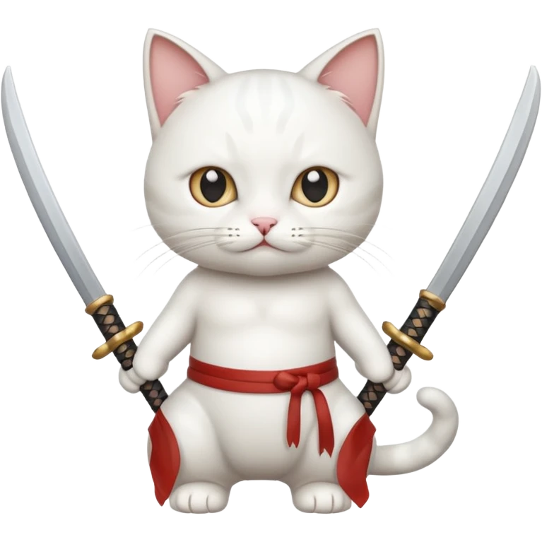 un gato blanco con reeferencia a roroa zoro "una espada en cada mano y una en la boca emoji