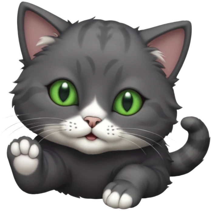 solid dark grey cat with green eyes, completely solid grey face, white toes/paws playfully rolling upside down emoji