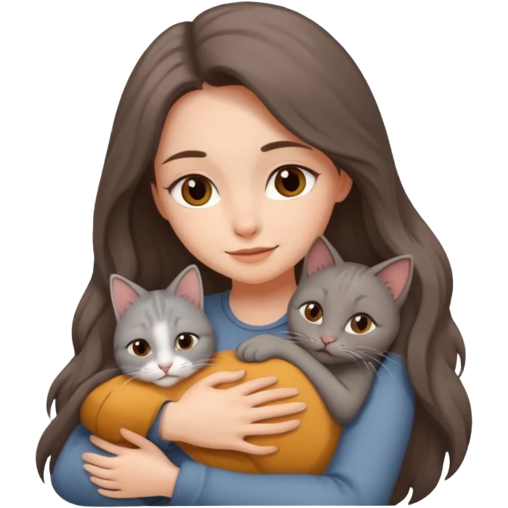 woman hug with gray cat, brown long hair emoji