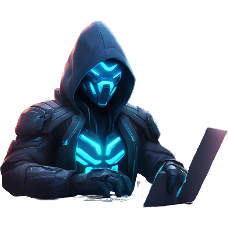 developer behind his laptop with this style : crysis Cyberpunk Riot Games Valorant neon glowing bright blue character blue black hooded assassin themed character emoji