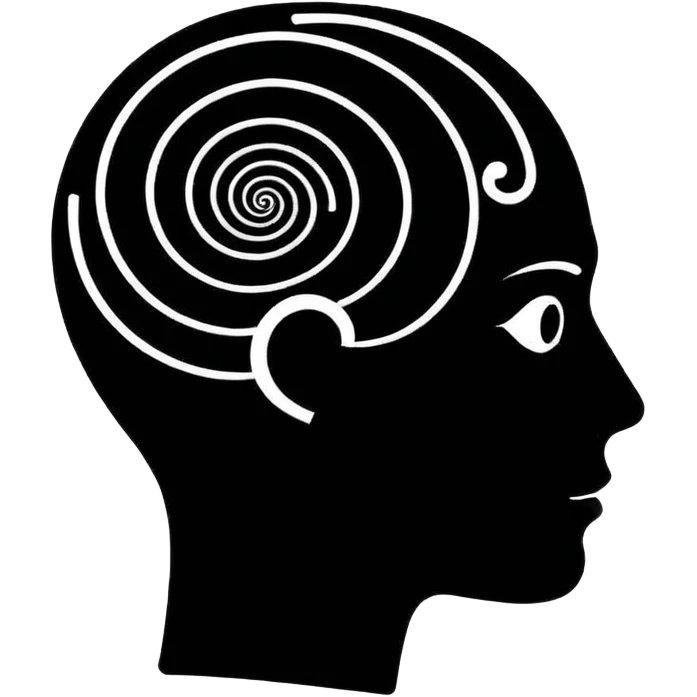 Minimalistic flat vector icon, iOS style, thin black contour on white background. Human head silhouette with spiral inside. Clean, no text, no shadows.
 emoji