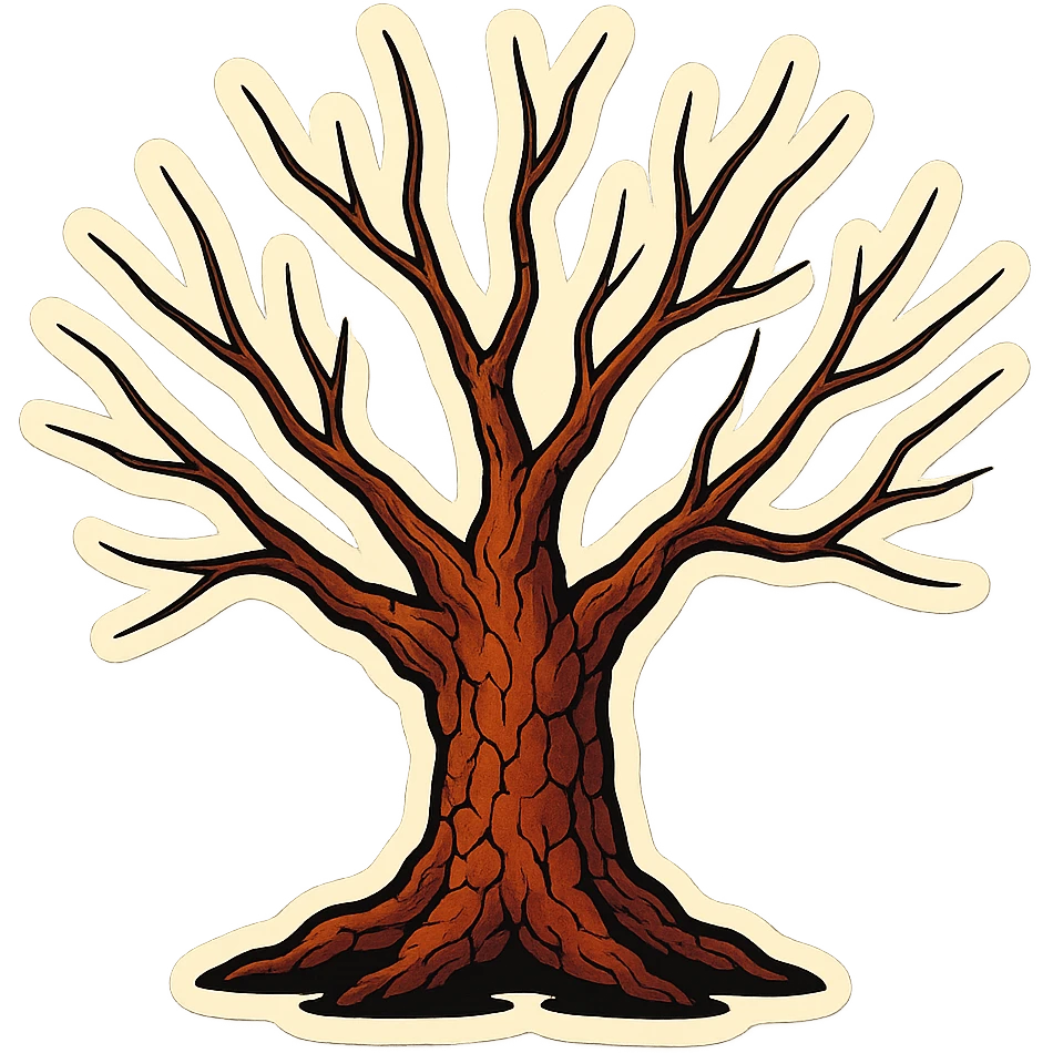 old tree with thin long branches, brown-red cracked bark, sharp black outlines, clear shadows and highlights, retro stickers style, no gradients emoji