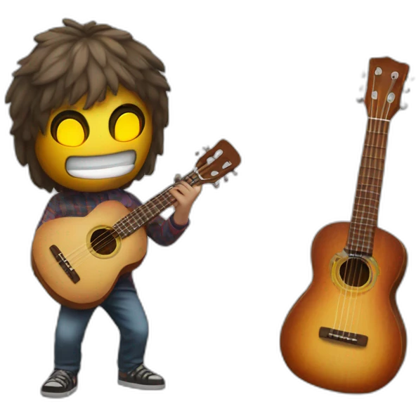 A guy with a ukelele and a led mask with 2 eyes emoji