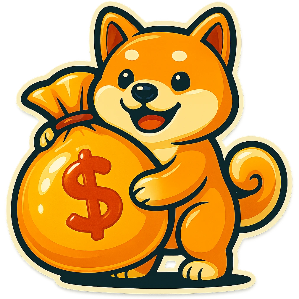 Make the bag of money much bigger while keeping the Shiba Inu and the retro stickers style the same, with no background. emoji