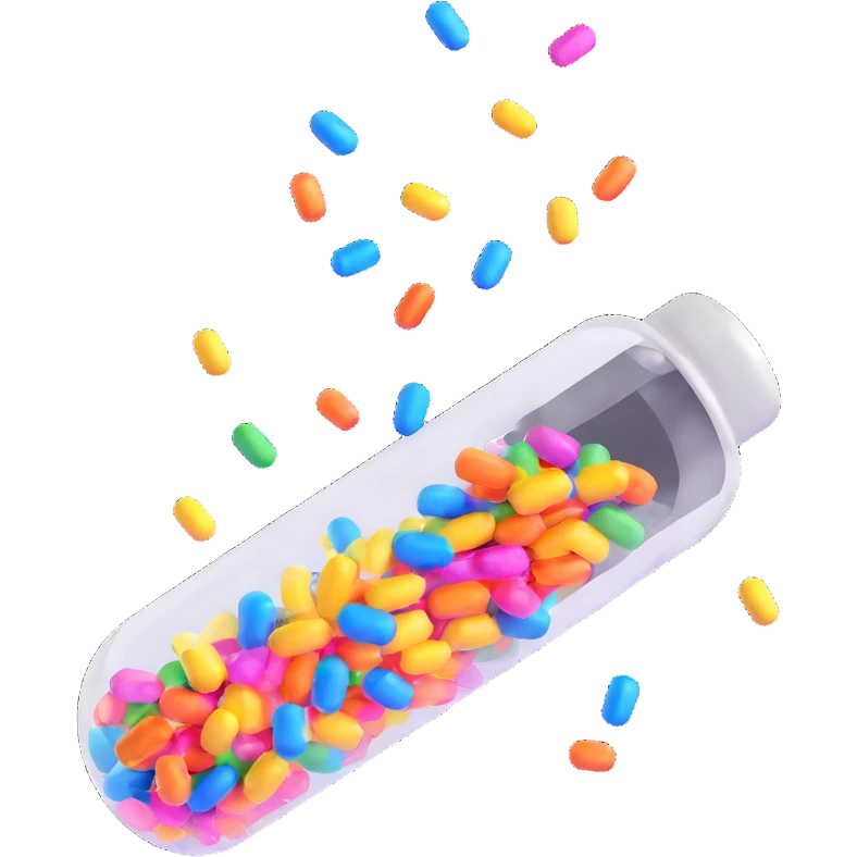 Playful 3D-rendered medical capsule orange and blue split open with shiny multicolored confetti bursting out like a celebration, glossy floating capsule, dynamic suspended confetti, high-quality 3D style emoji
