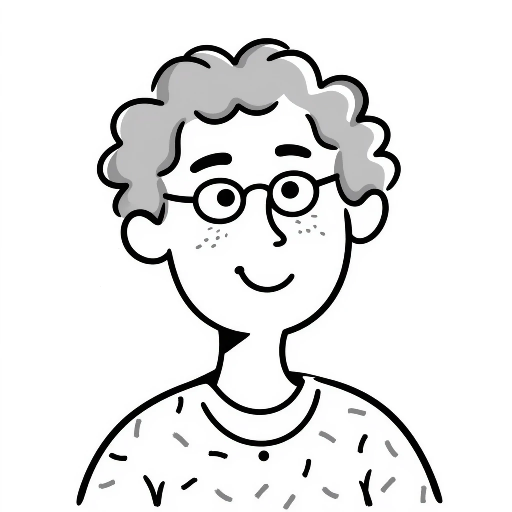 sketch of a smiling elderly Caucasian woman, grey curly hair, glasses emoji