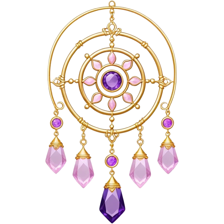 Epic Hanging gold suncatcher, threads with shiny sparkly amethyst and rose-quartz gemstones,  emoji