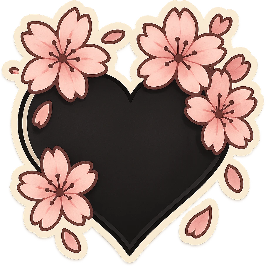 goth sakura heart, black heart with pink cherry blossom petals, cute and dramatic emoji