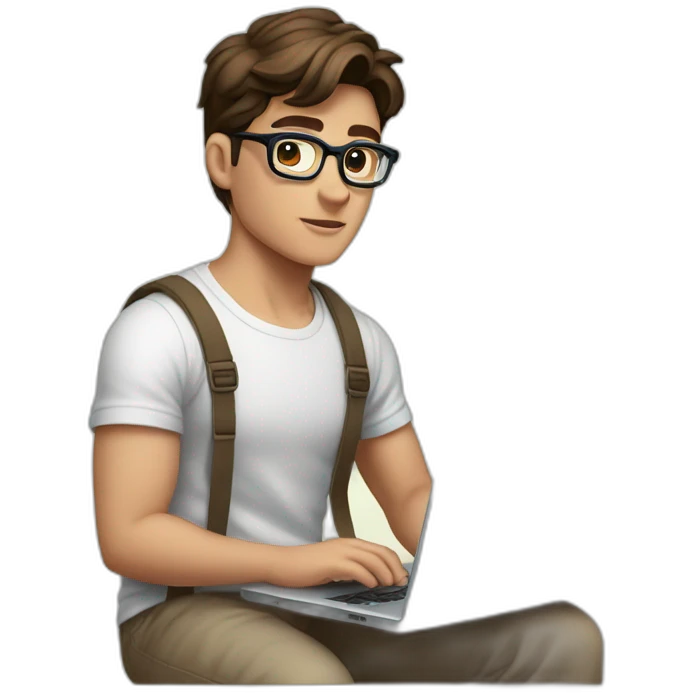 front view of young clark kent wearing white t-shirt using a laptop emoji