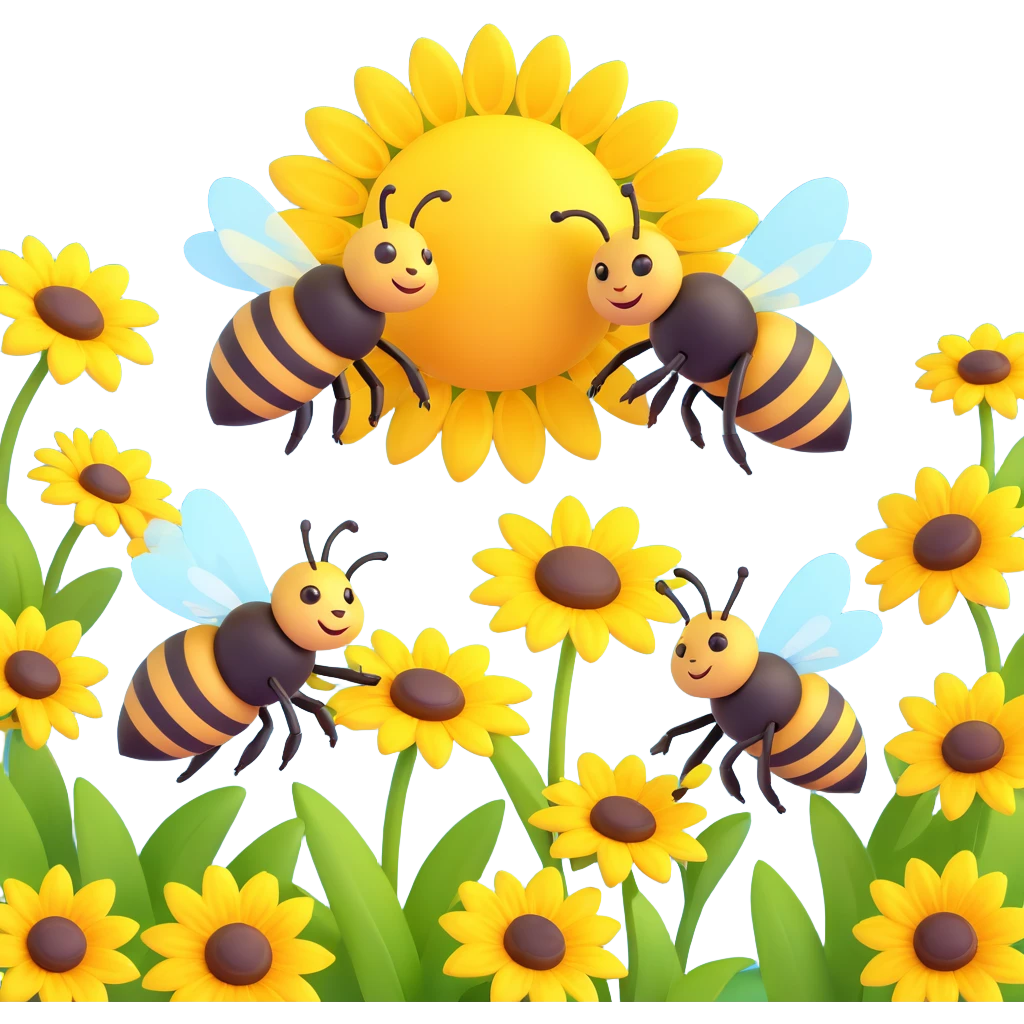 Two bees flying over yellow flowers with a sun in the background, vibrant yellow flowers and bright sun, black and yellow bees. emoji