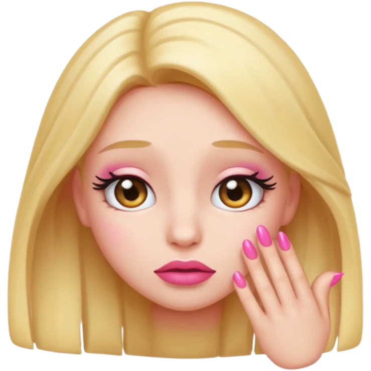 Shy emoji with long lashes, pouty lips, and pink nails on a black background, cute aesthetic emoji