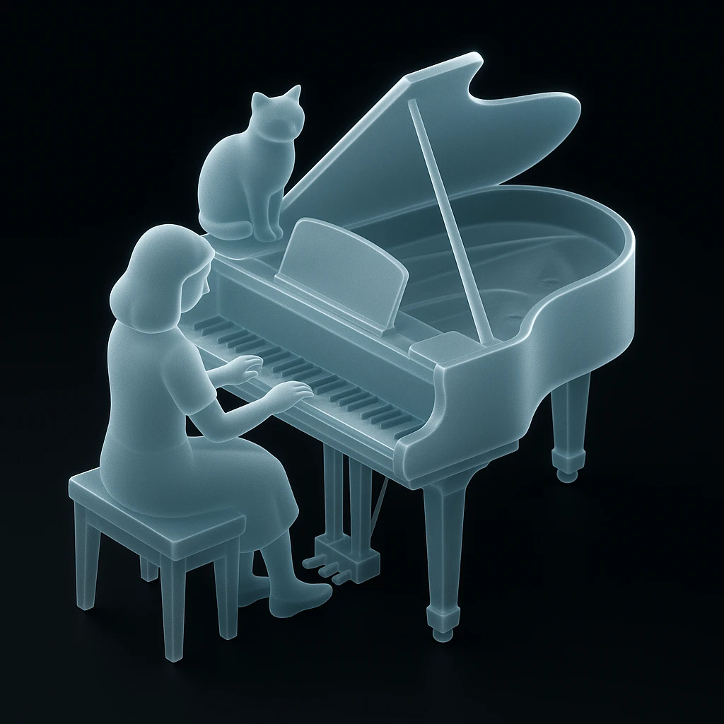 woman playing piano while her cat sits on top of the piano emoji