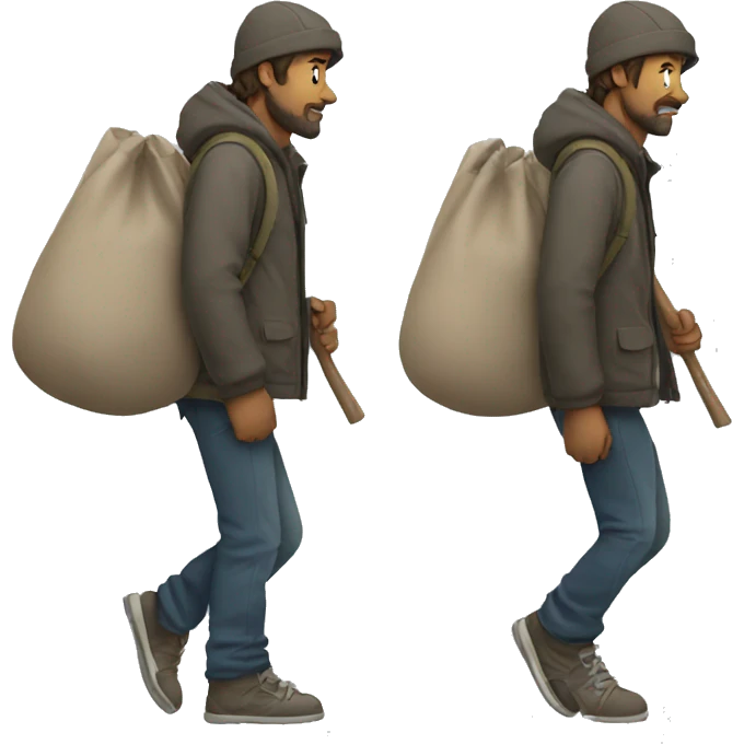 homeless man carrying a stick over his shoulder with a bag on the end emoji