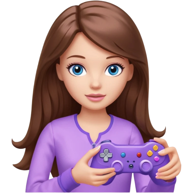 beautiful barbie girl with long brown hair, blue eyes and wearing light purple clothes playing console games with controller emoji