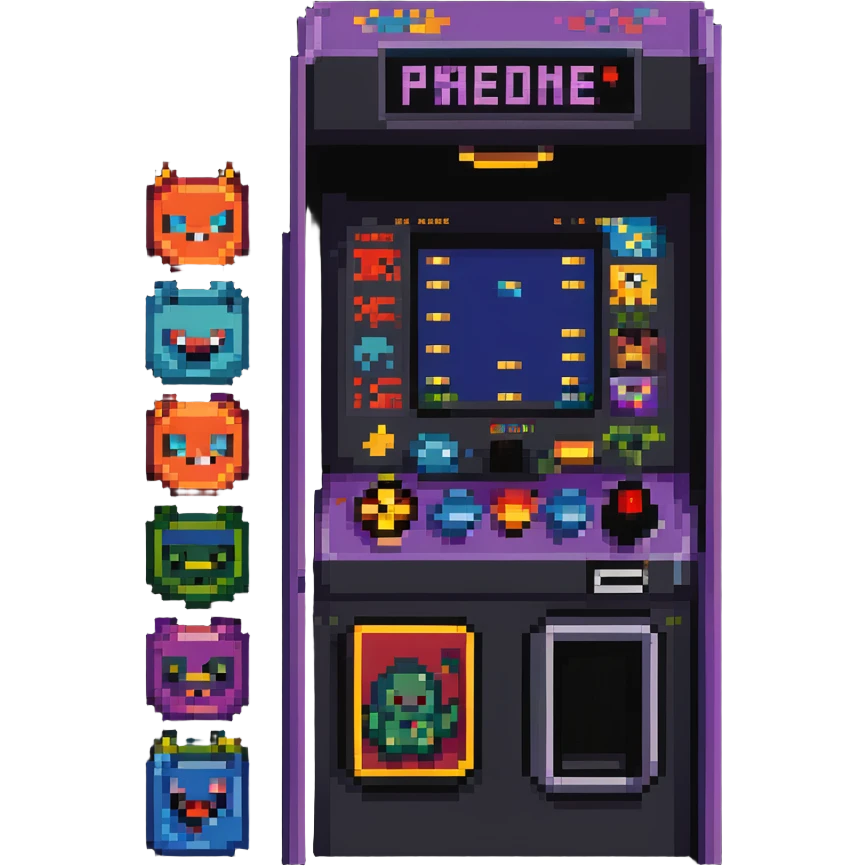 A retro pixel art arcade machine with 8-bit game characters on screen emoji