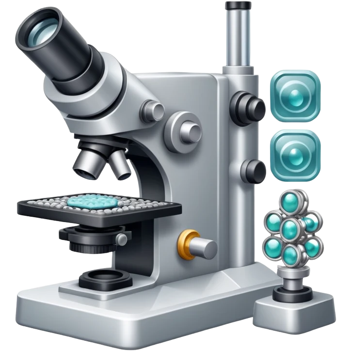 An icon featuring two-ocular electron microscope, a metal alloy, atomic structure symbols, a crystal structure. The design includes different materials like metals, ceramics and polymers, alongside a stamp representing testing and quality control. Transparent background emoji