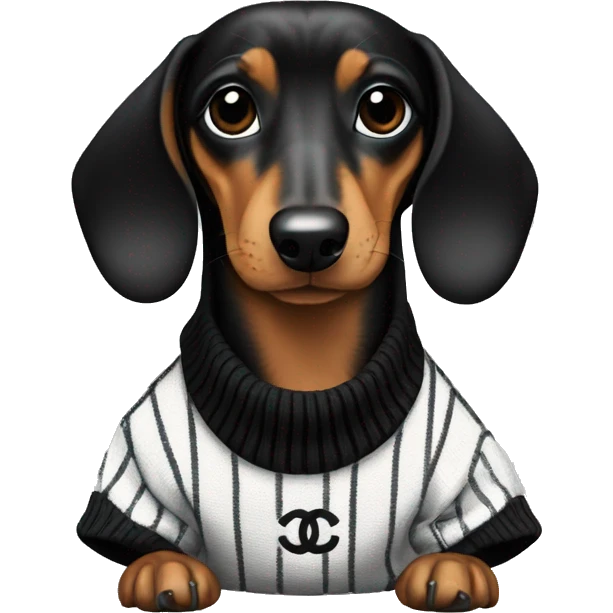 Dachshund wearing black and white Sweater with chanel logo  emoji
