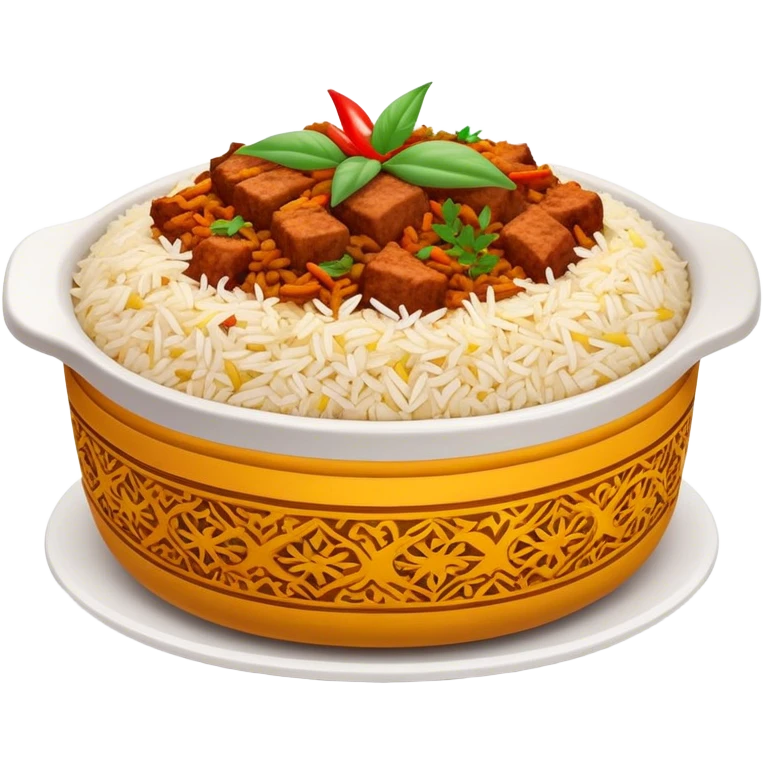 Cinematic Realistic Biryani Dish Emoji, depicted as aromatic basmati rice layered with spiced meat and herbs rendered with vibrant textures and warm, inviting lighting. emoji