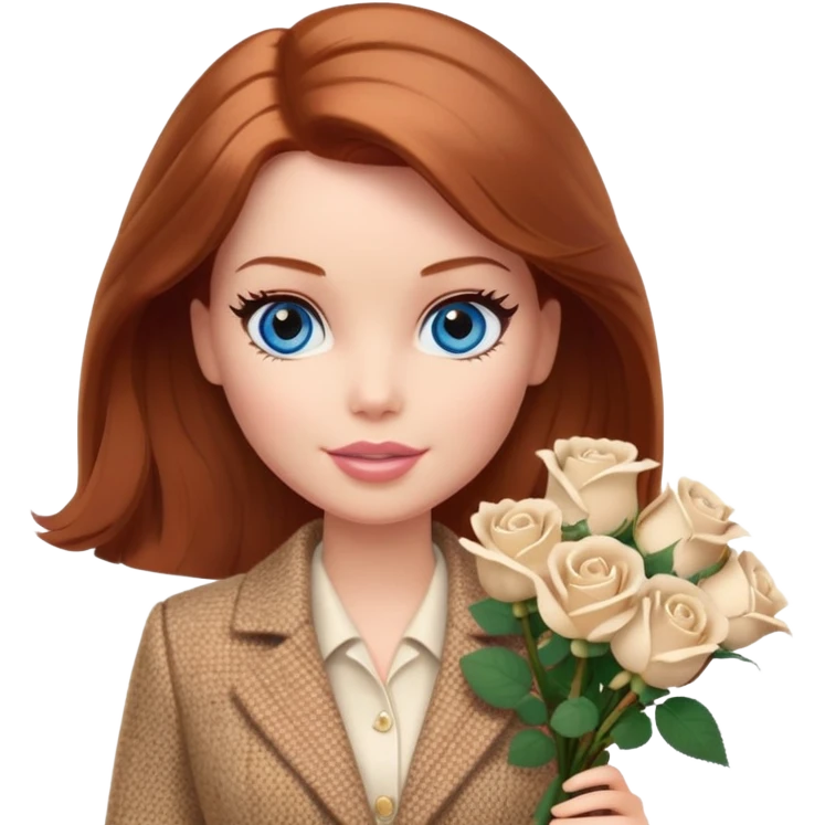 A Barbie girl with blue eyes, shoulder-length reddish-brown hair, made-up, wearing a beige tweed jacket and a beige skirt, with a bouquet of white roses emoji