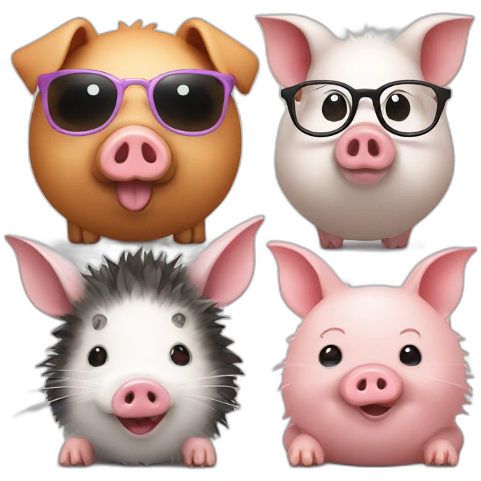 Piggy and pig with glasses and rabbit and hedgehog emoji
