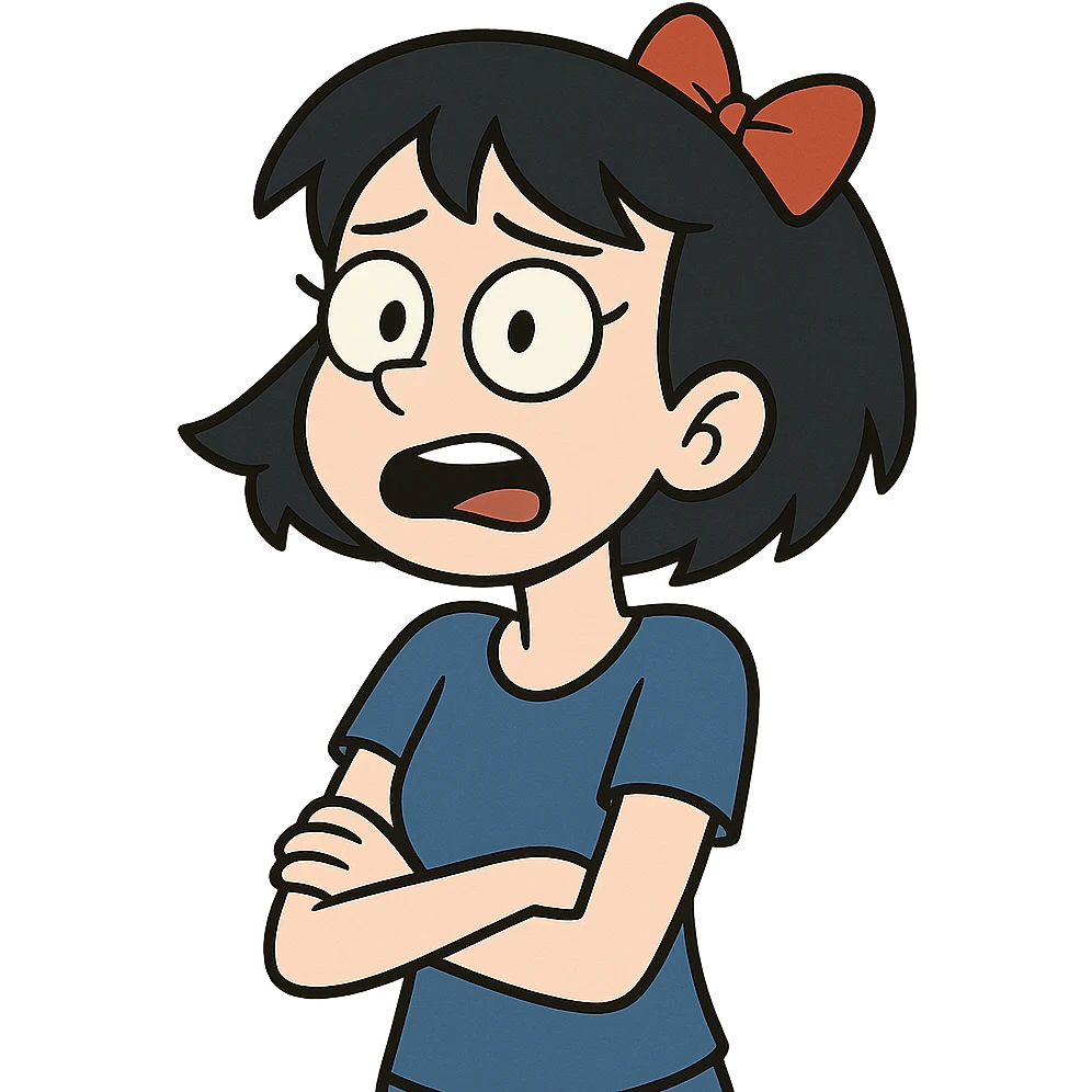 girl with white skin, short black hair, and a red bow, cartoon style emoji