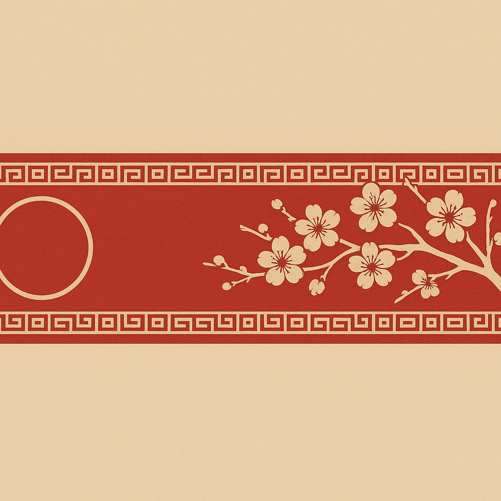 eastern style plaque for post signature, ultra long horizontal rectangle 1200x100px, only red and sand colors, with round gold ornament, sakura branch, no text emoji