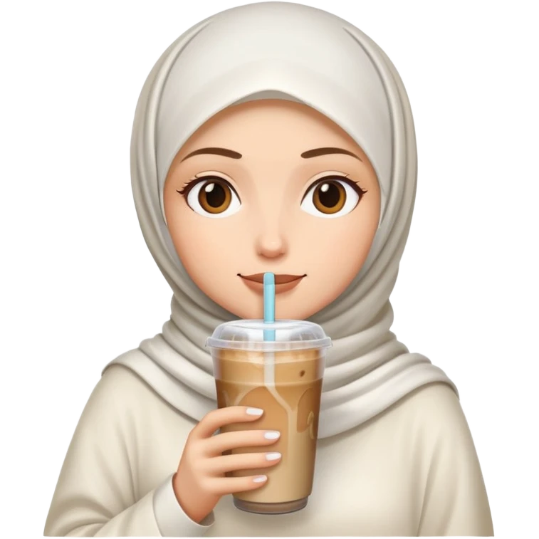 White hijab girl drinking iced coffee emoji