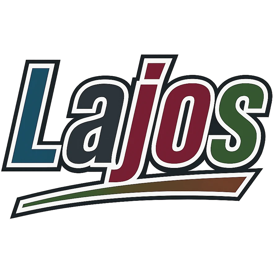 Text image of the name 'Lajos' in a masculine, modern font with gradient colors (blue, gray, burgundy, green, brown), precise Hungarian characters, dark contour, extra thick, prominent white letter border, dynamic slanted underline, 1000x1000 px, PNG, transparent background. emoji
