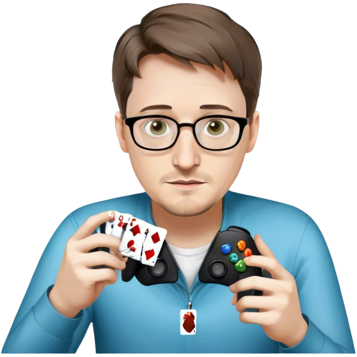 Edward Snowden revealing an Xbox controller in one hand like a magician revealing a playing card, close up, realistic  emoji